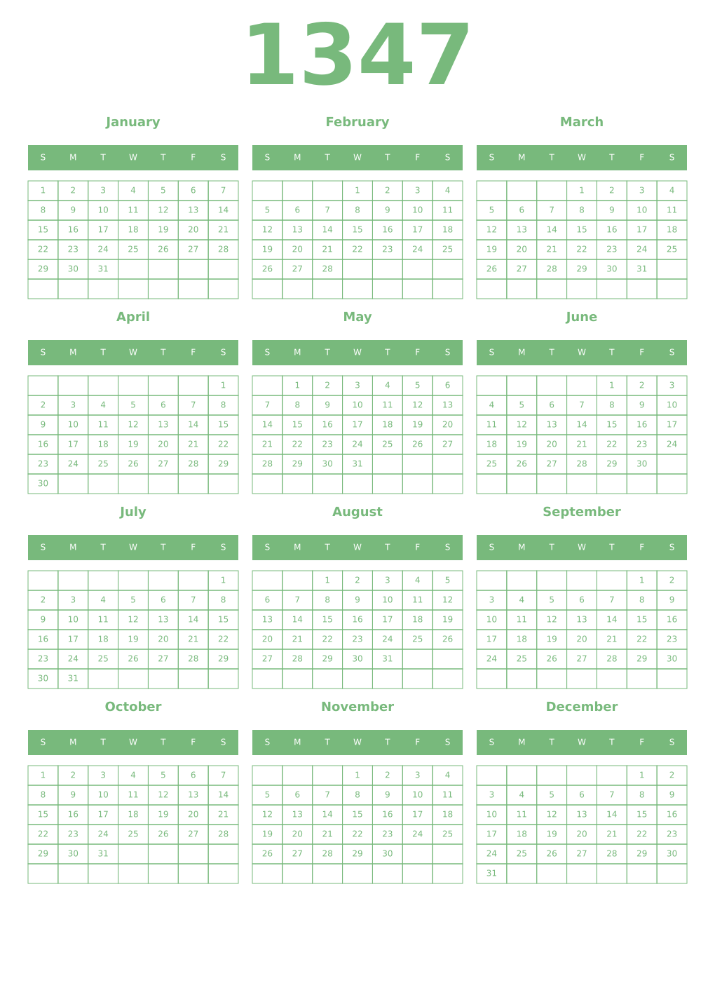 Printable 1347 Year Calendars celadon