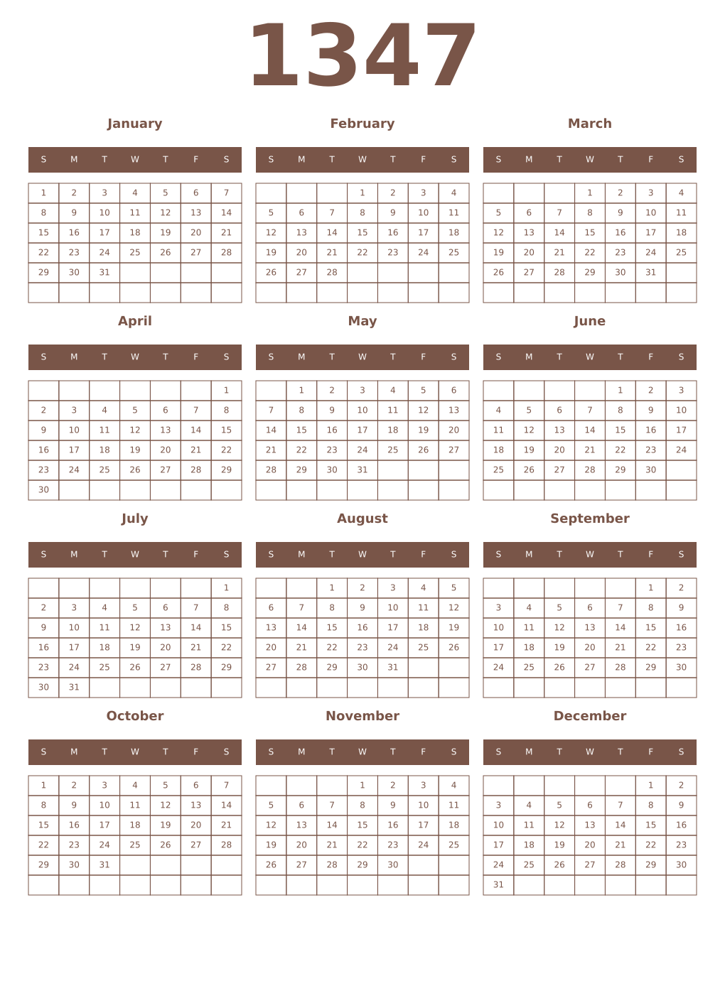 Printable 1347 Year Calendars coffe