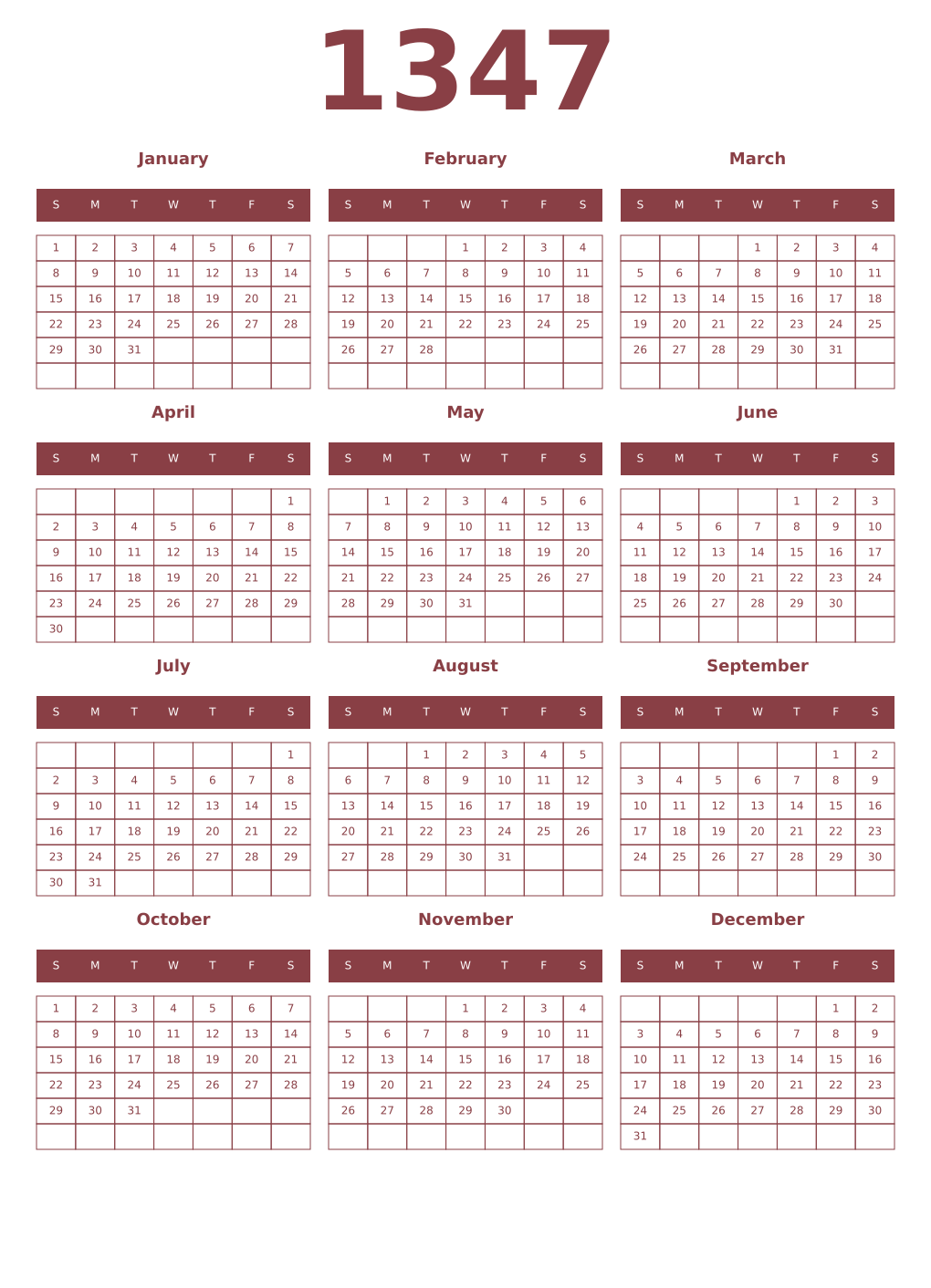 Printable 1347 Year Calendars cordovan