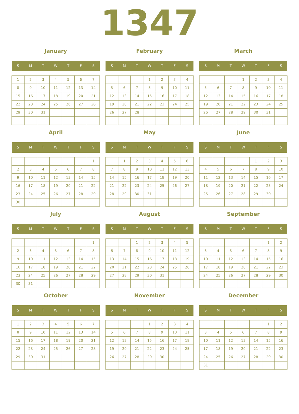Printable 1347 Year Calendars eburnean