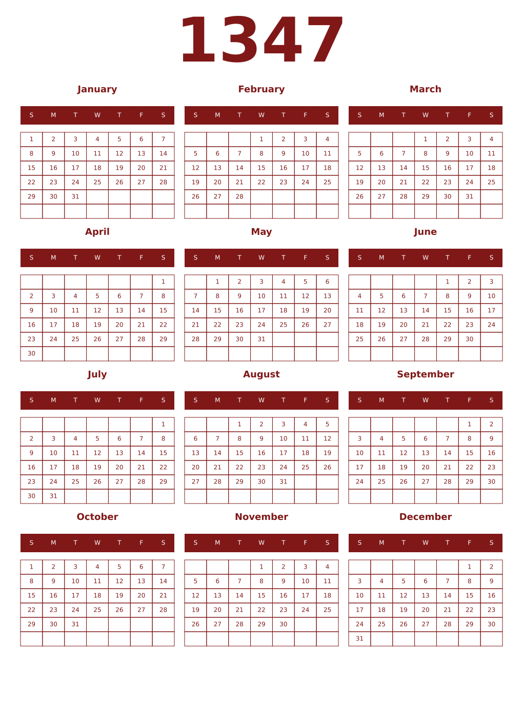Printable 1347 Year Calendars falu