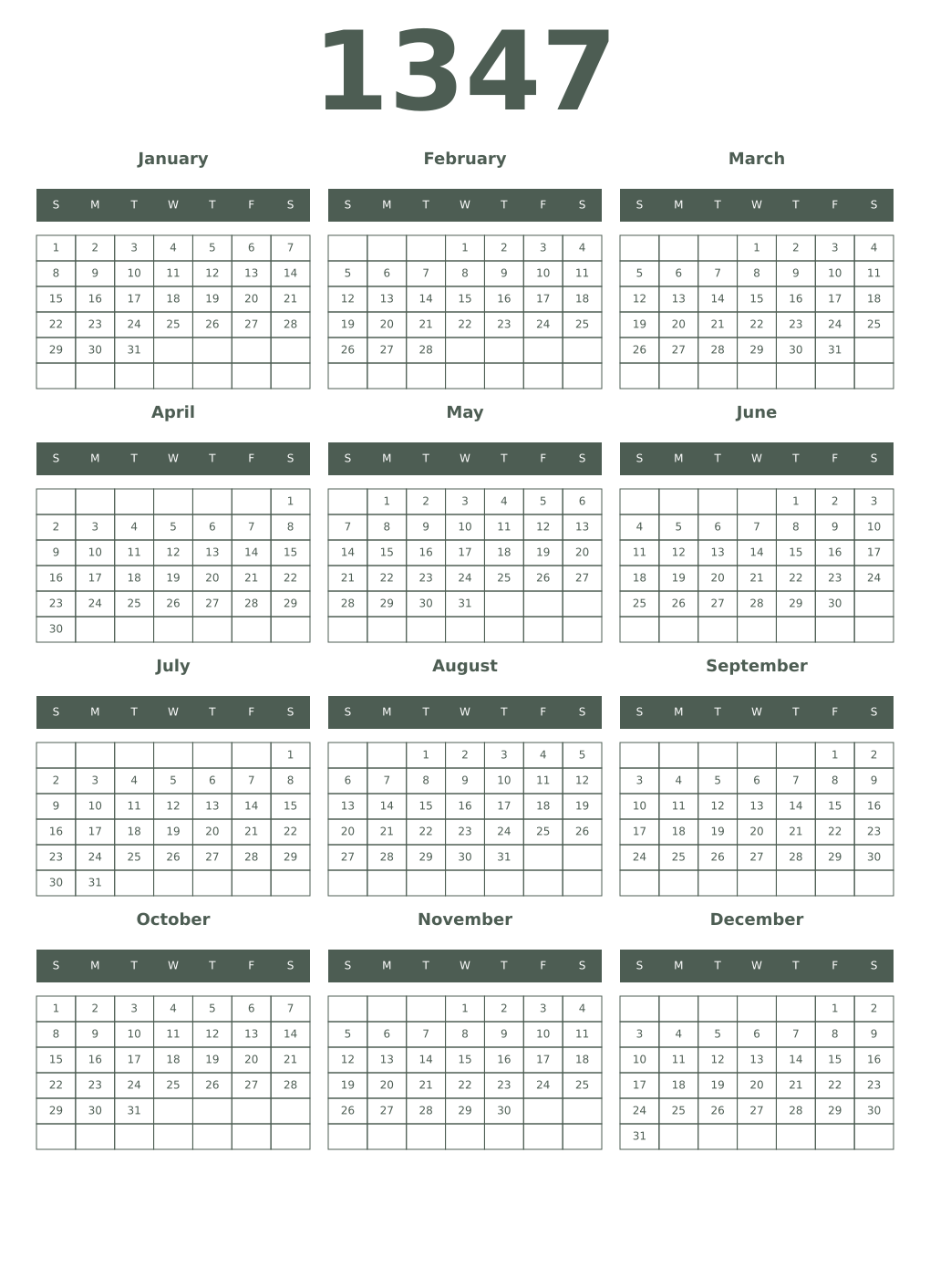 Printable 1347 Year Calendars feldgrau