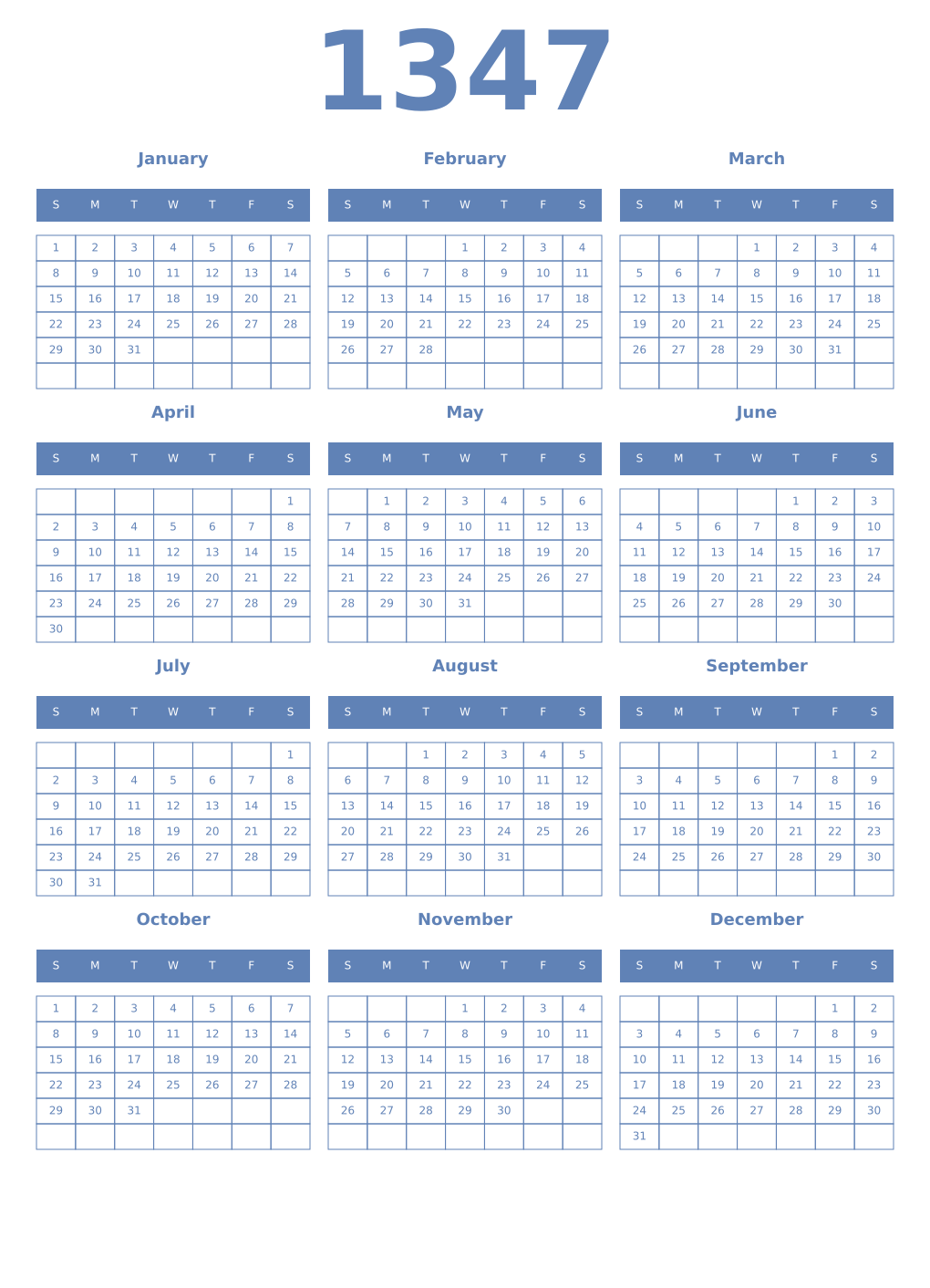 Printable 1347 Year Calendars glaucous