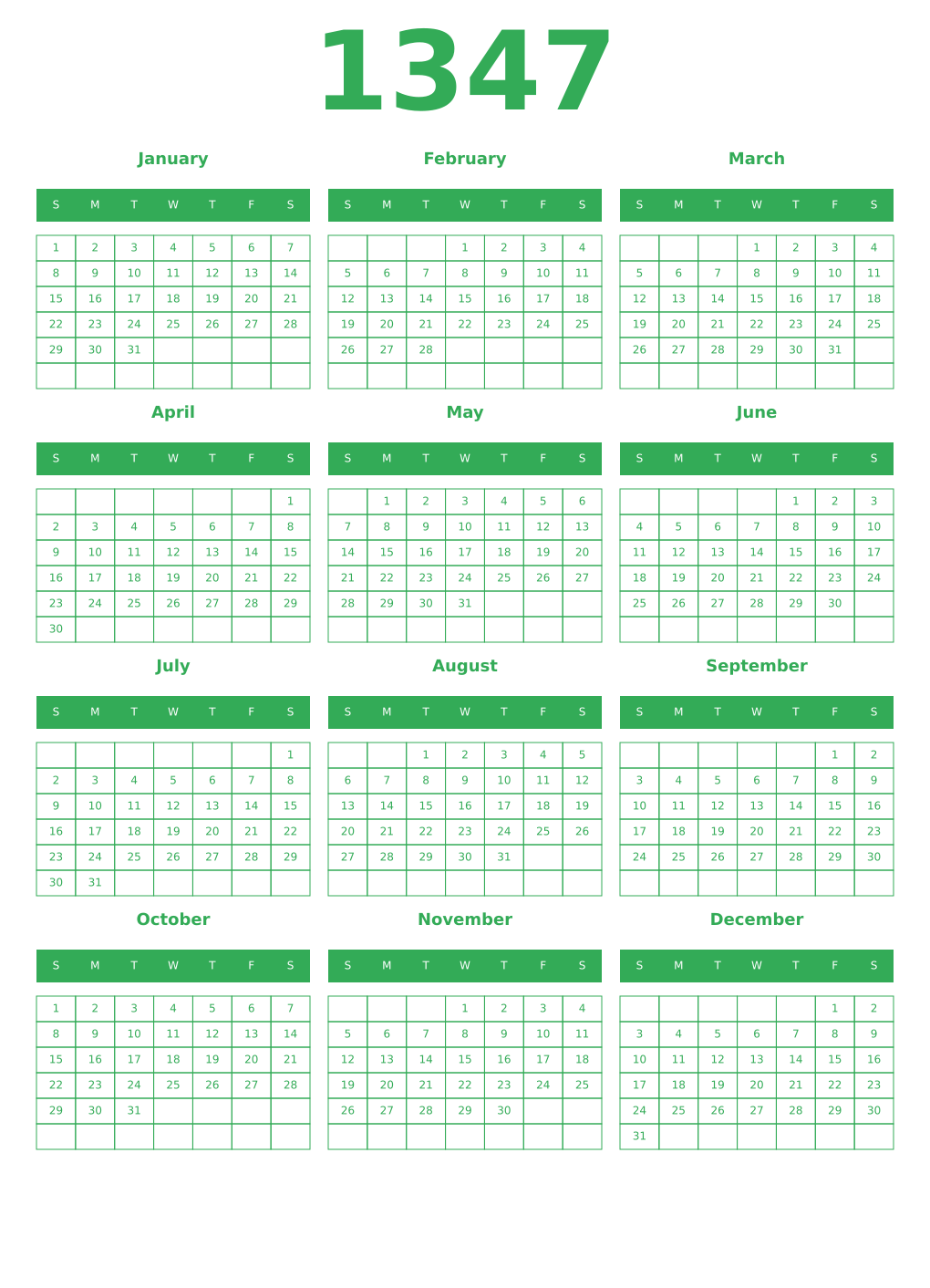 Printable 1347 Year Calendars green