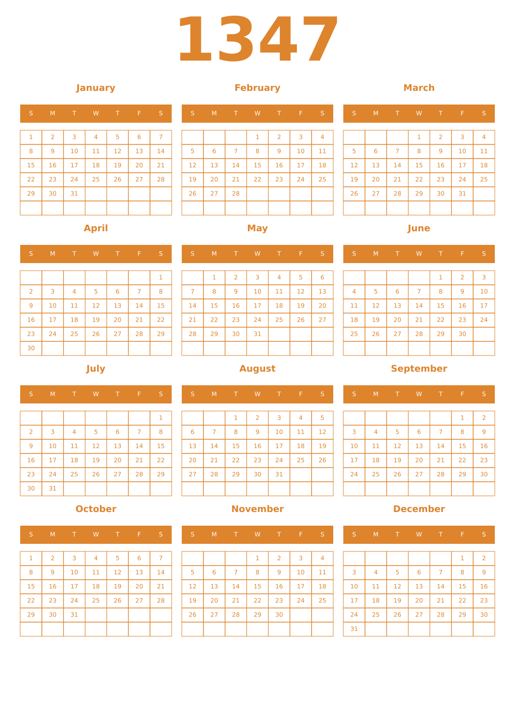 Printable 1347 Year Calendars orange