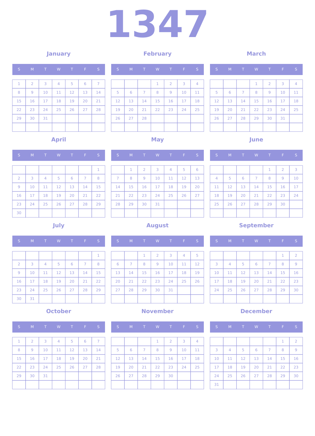 Printable 1347 Year Calendars periwinkle
