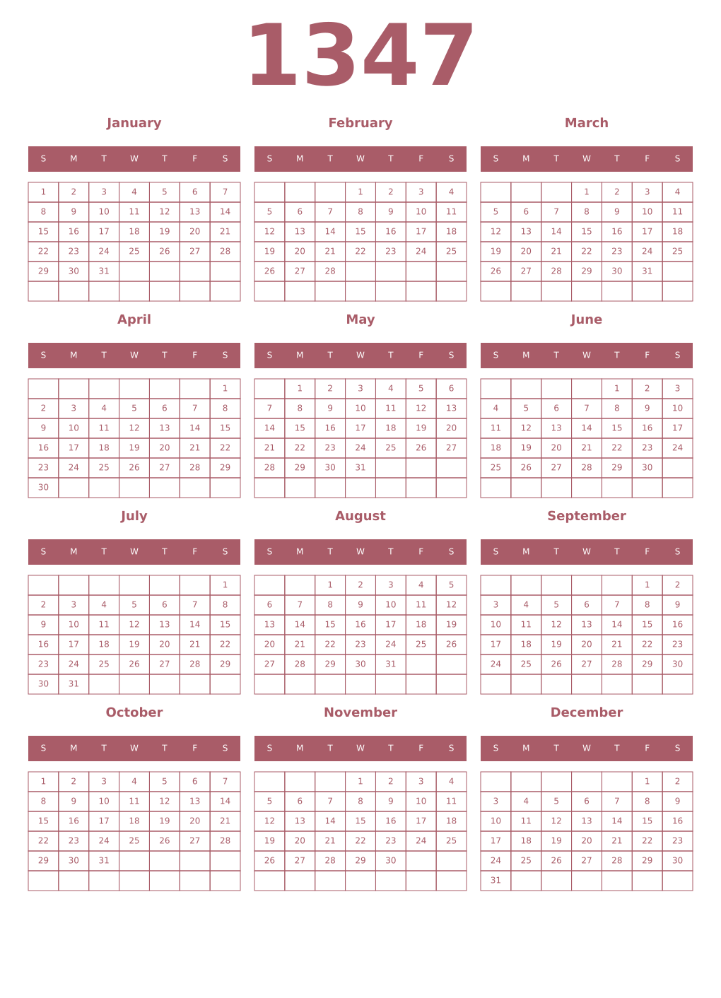 Printable 1347 Year Calendars puce