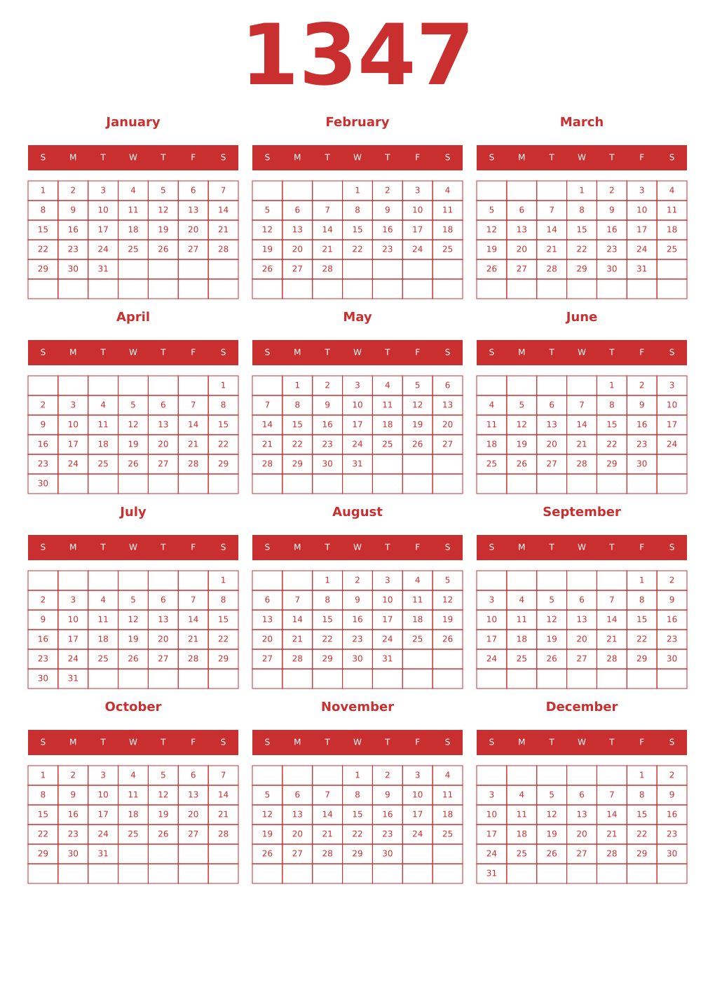 Printable 1347 Year Calendars red