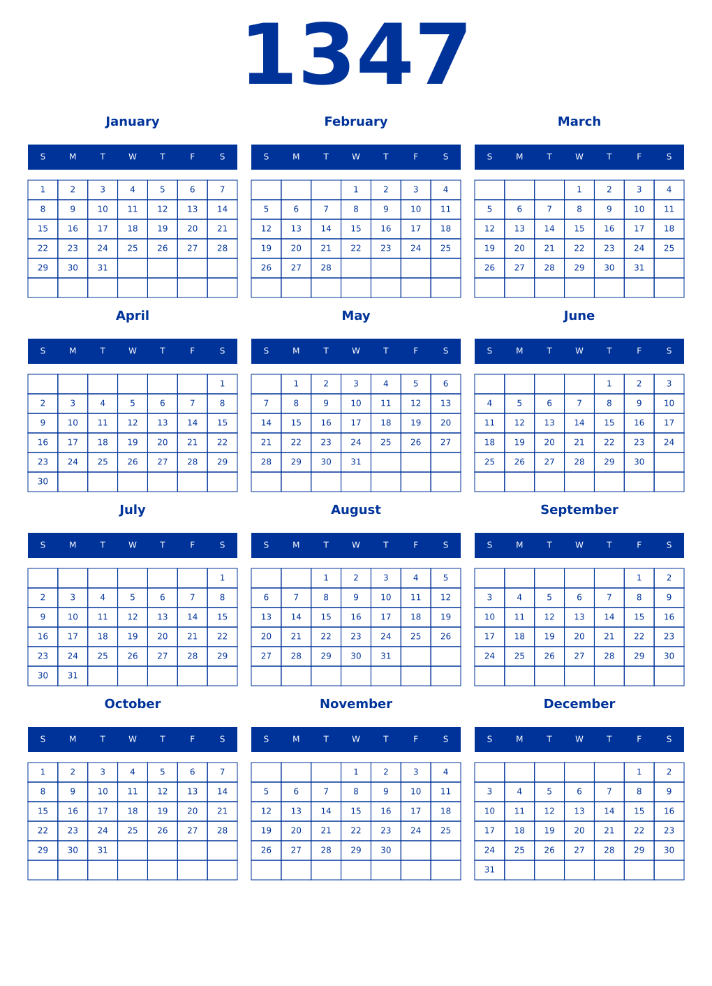 Printable 1347 Year Calendars smalt