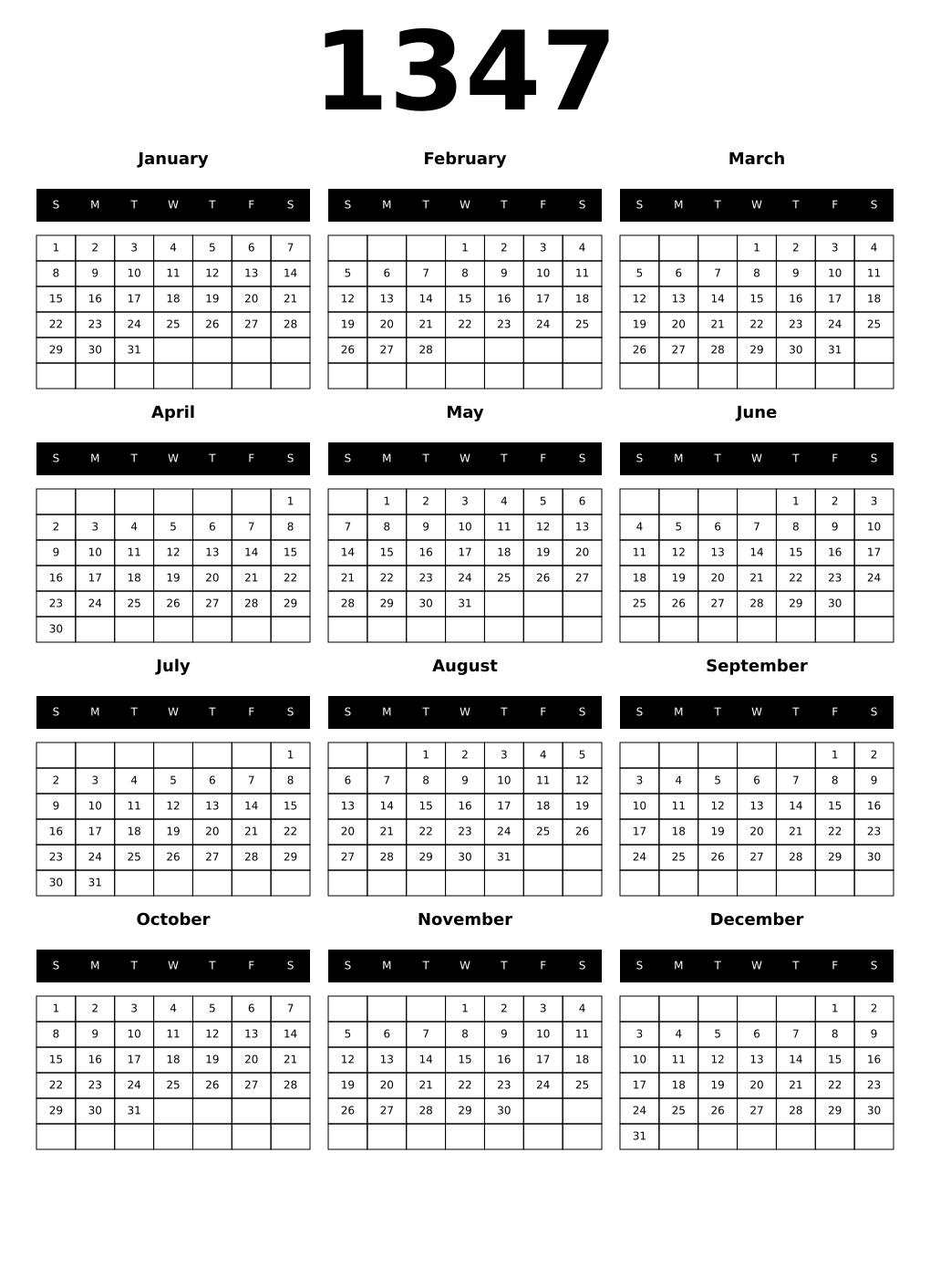 Printable 1347 Calendars