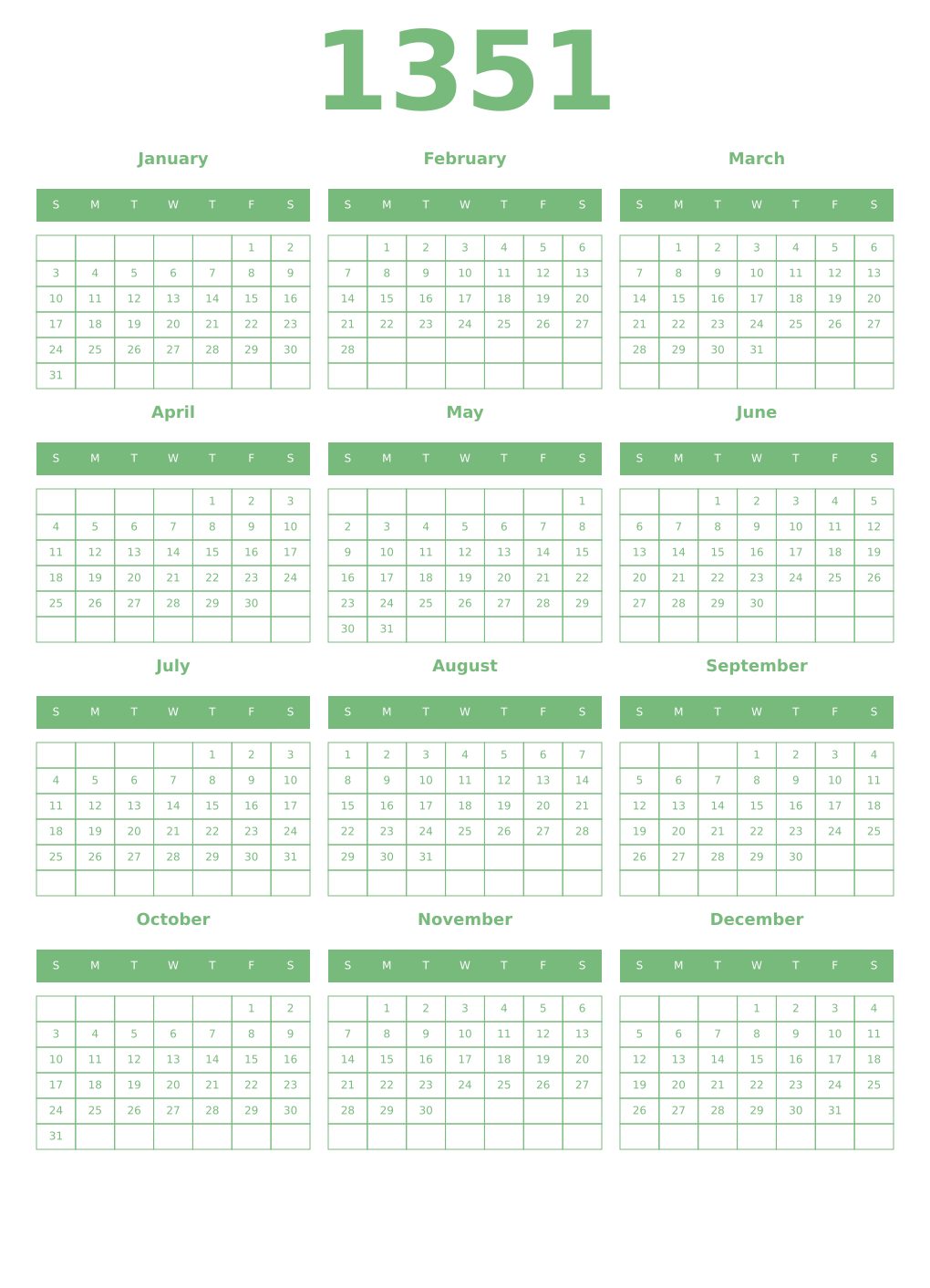 Printable 1351 Year Calendars celadon