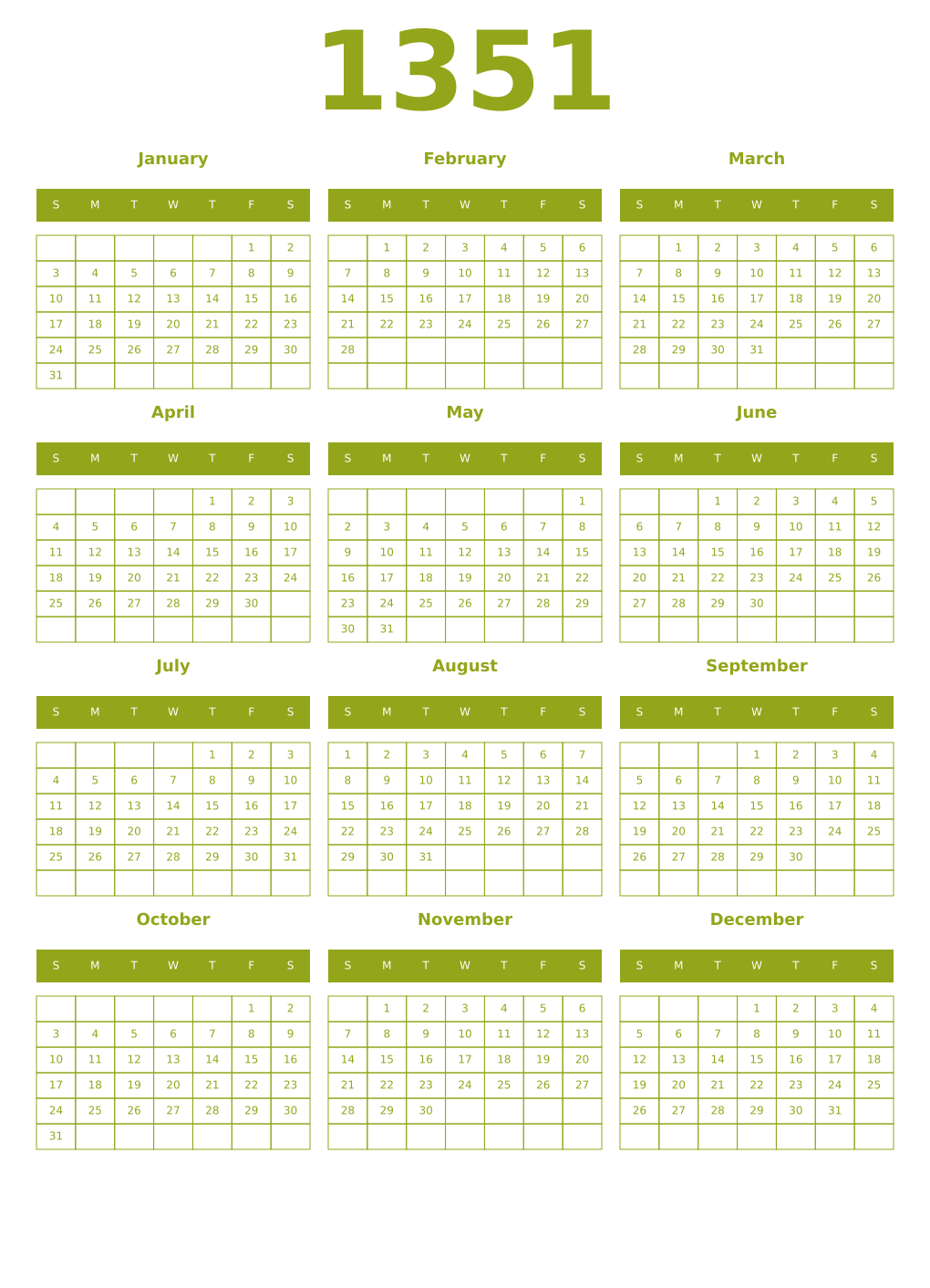 Printable 1351 Year Calendars chartreuse