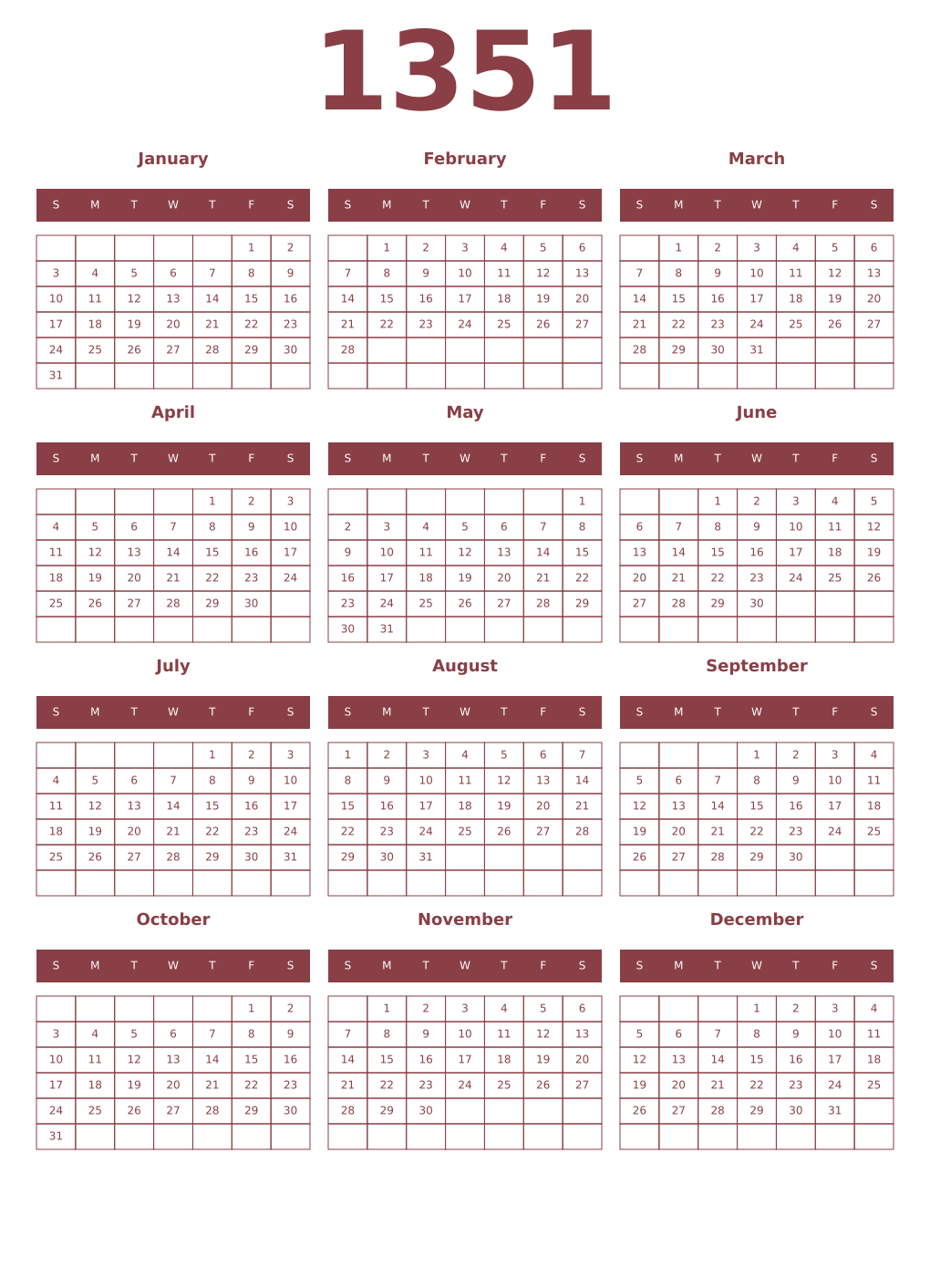 Printable 1351 Year Calendars cordovan