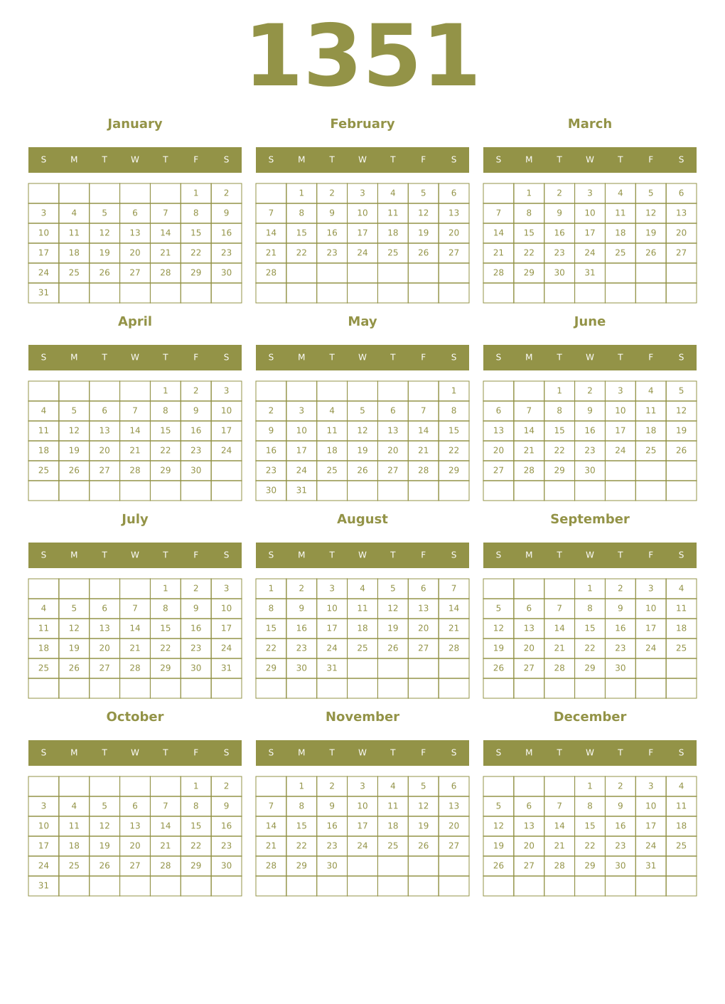 Printable 1351 Year Calendars eburnean