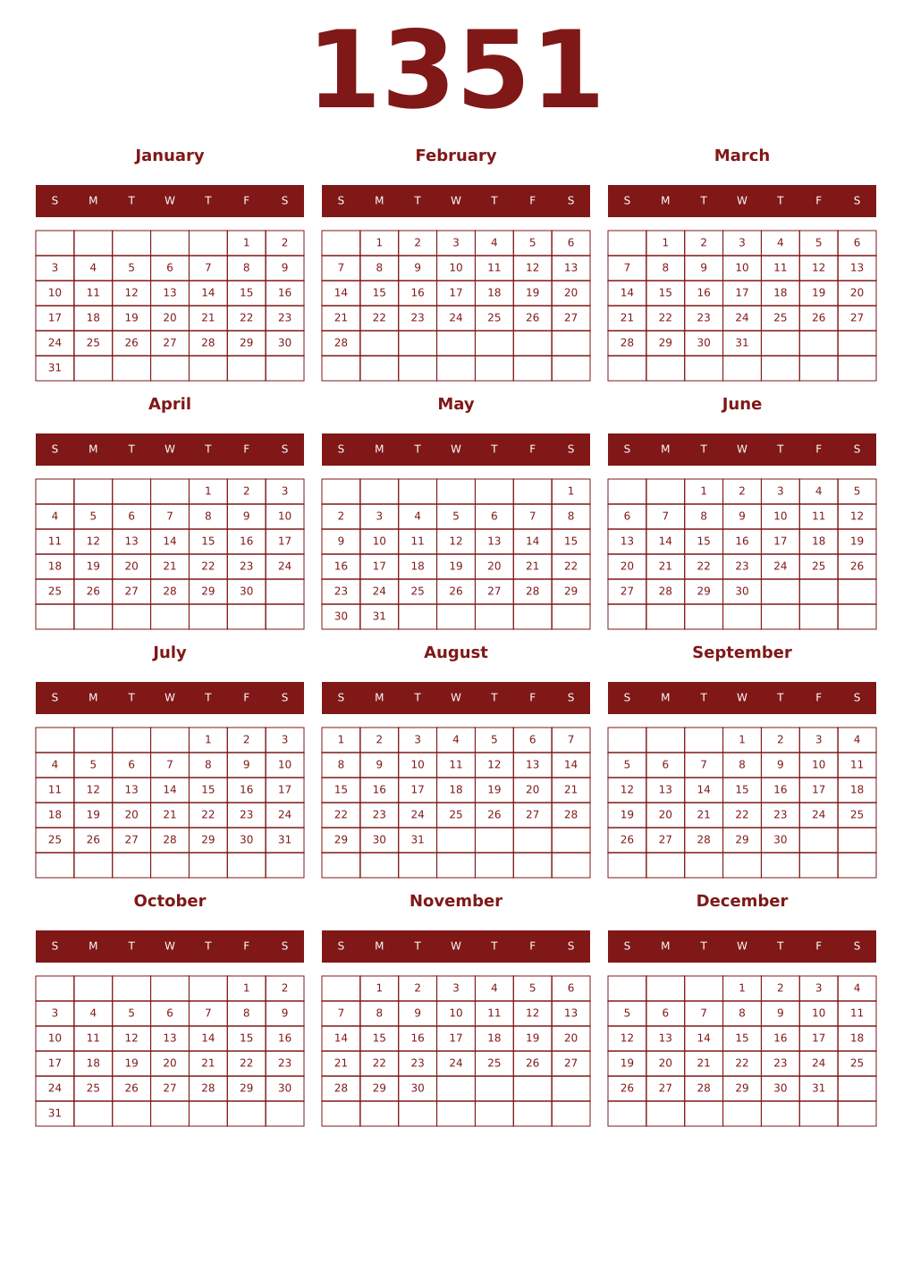 Printable 1351 Year Calendars falu