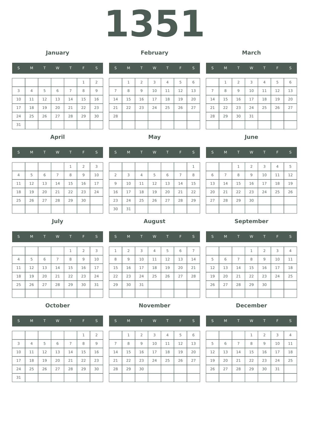 Printable 1351 Year Calendars feldgrau