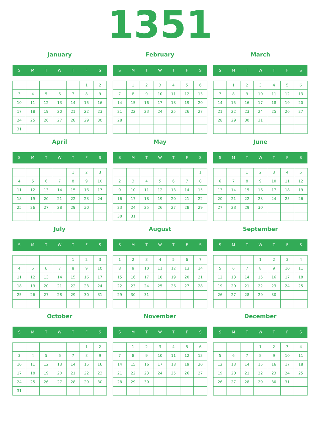 Printable 1351 Year Calendars green