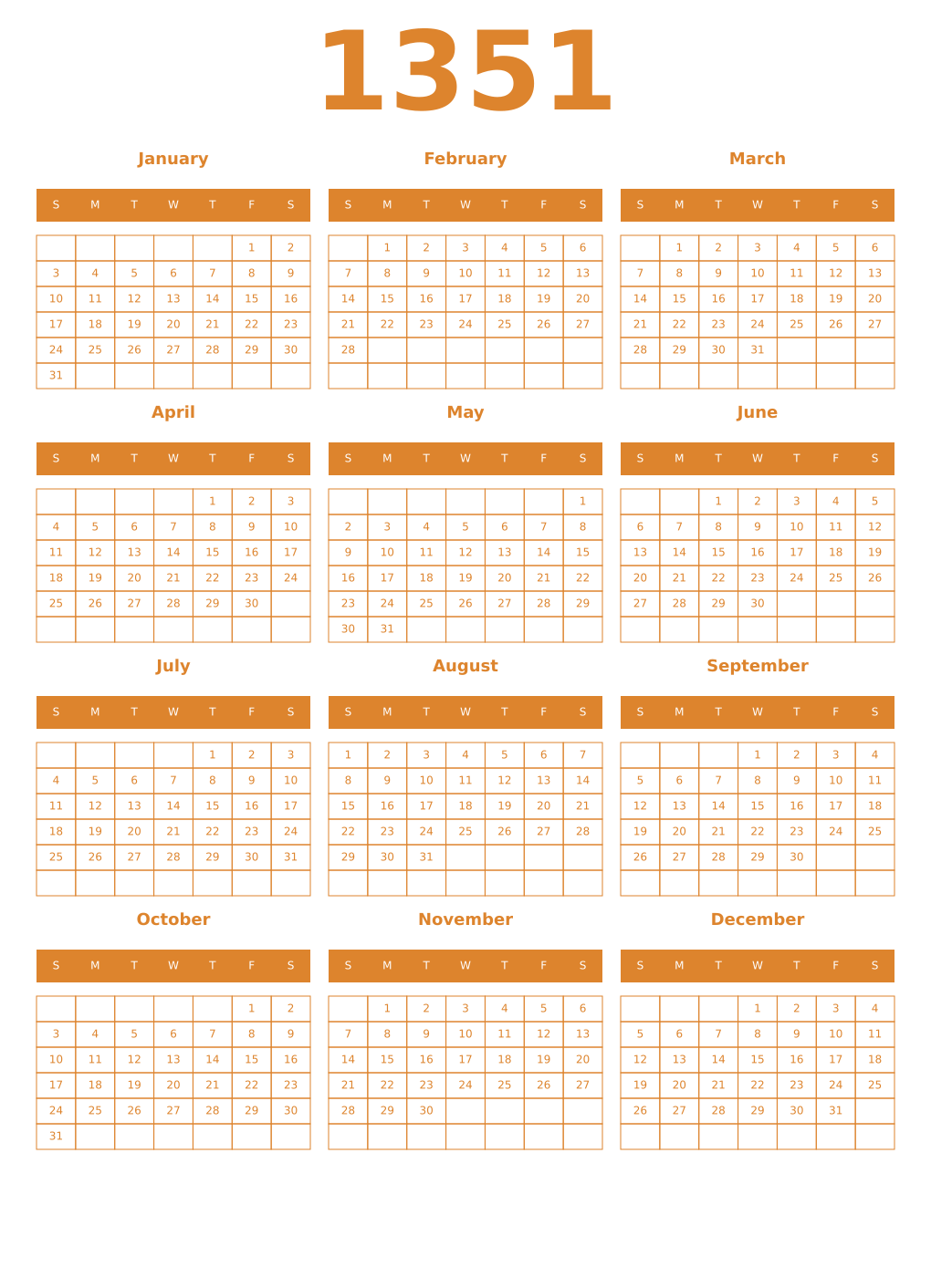 Printable 1351 Year Calendars orange