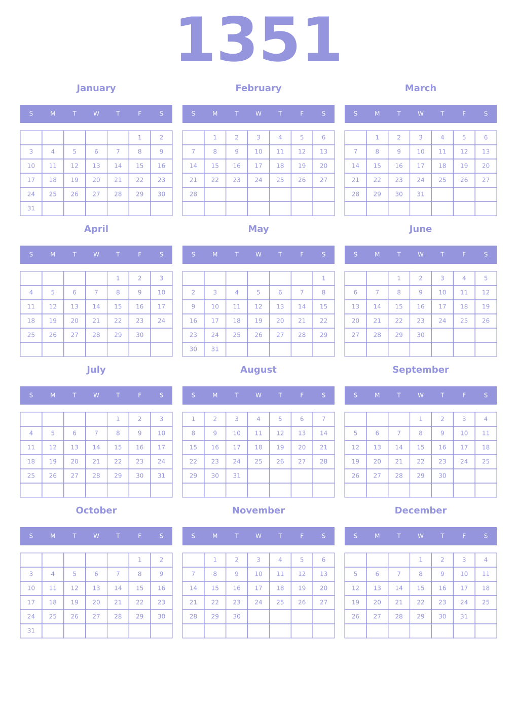 Printable 1351 Year Calendars periwinkle