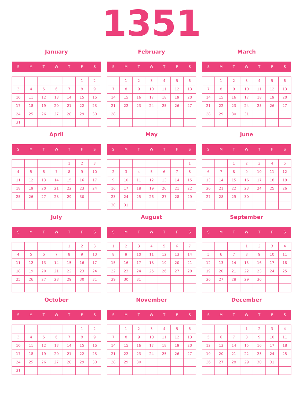 Printable 1351 Year Calendars pink