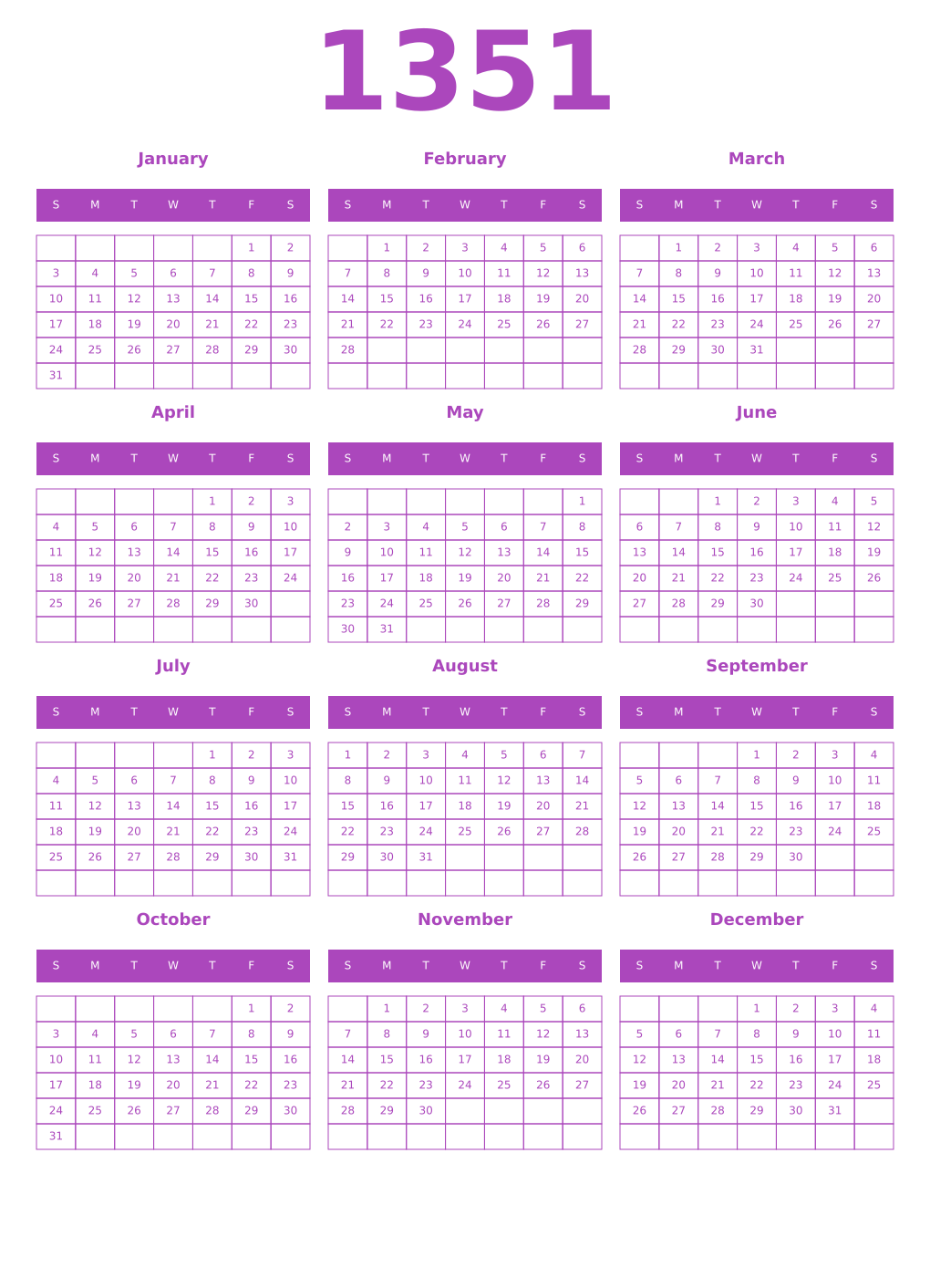 Printable 1351 Year Calendars purple