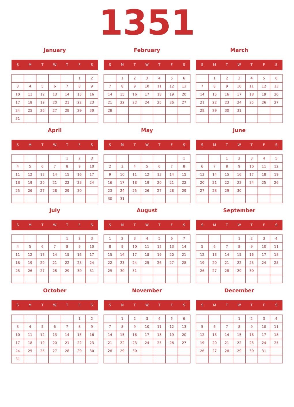 Printable 1351 Year Calendars red