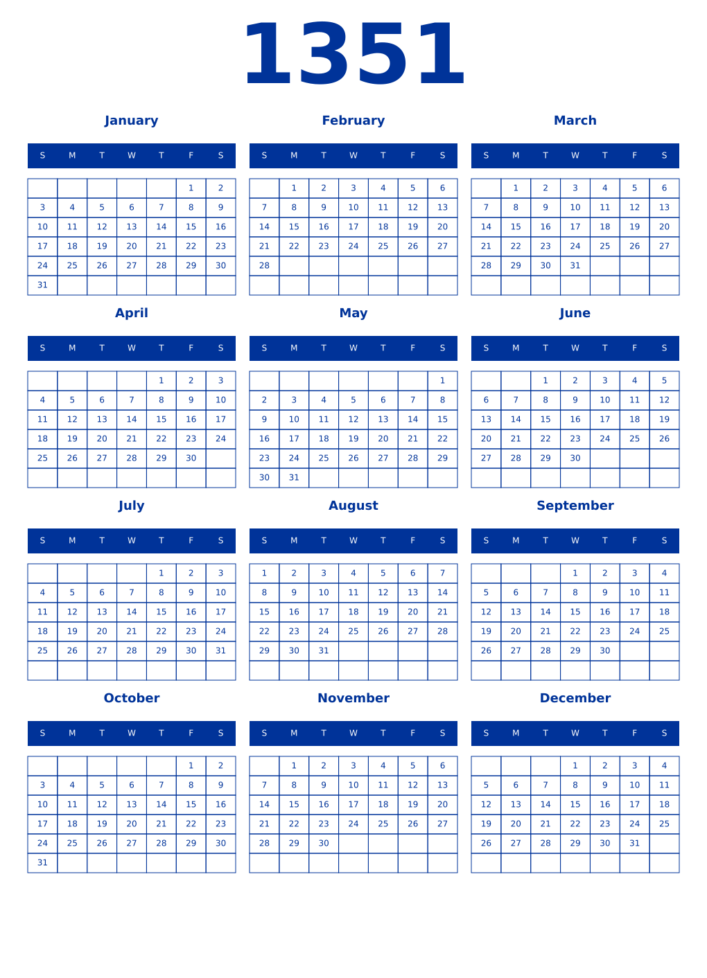 Printable 1351 Year Calendars smalt