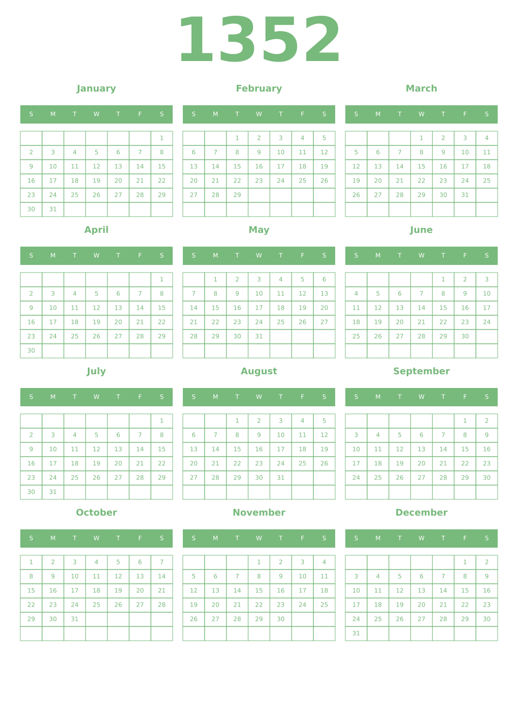 Printable 1352 Year Calendars celadon