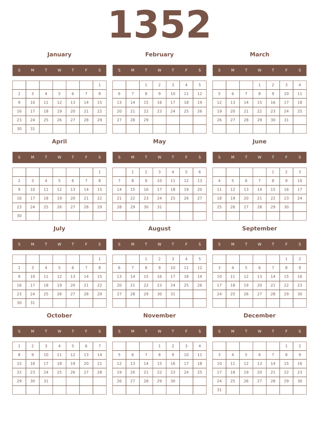 Printable 1352 Year Calendars coffe