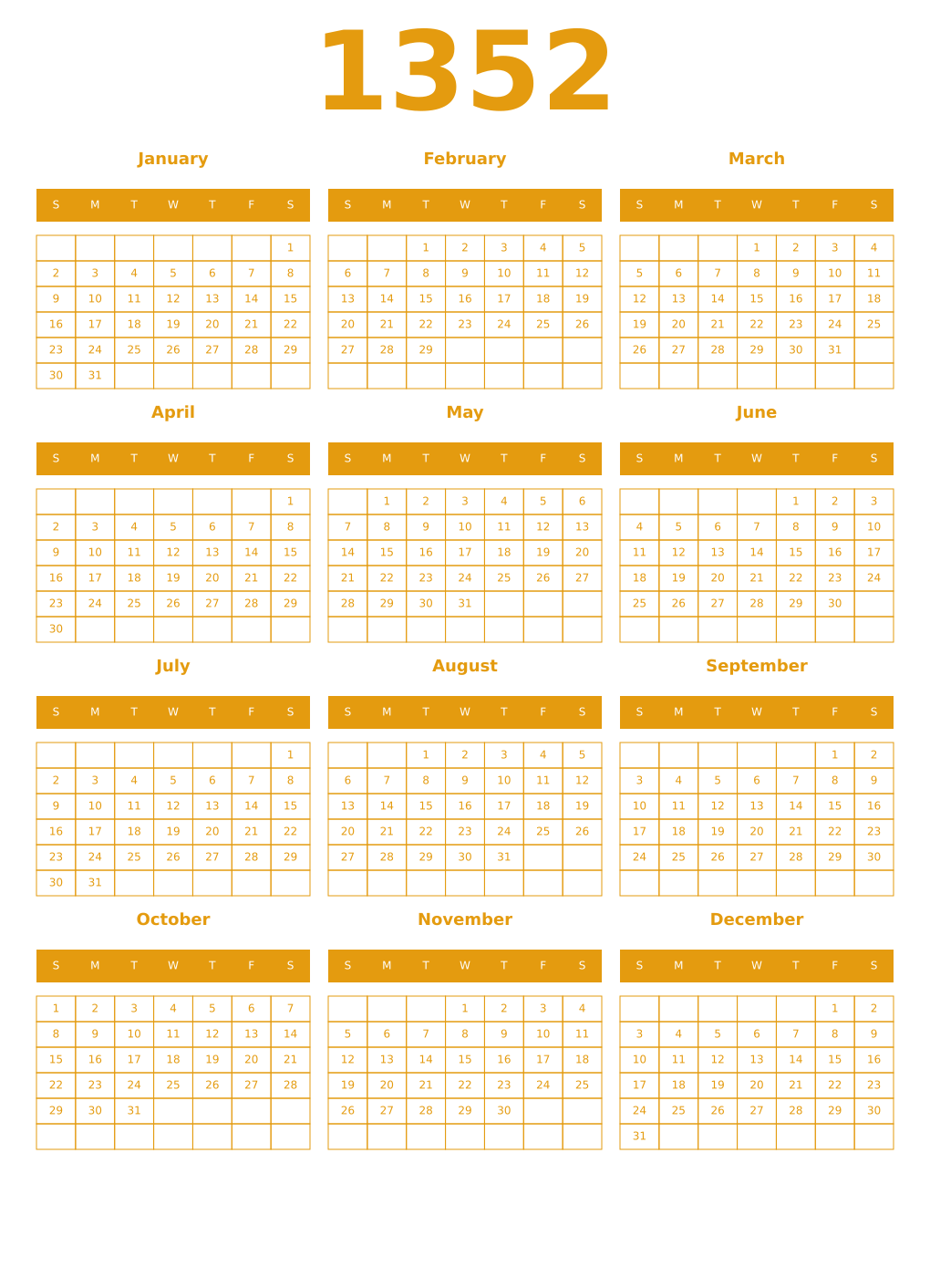 Printable 1352 Year Calendars gamboge
