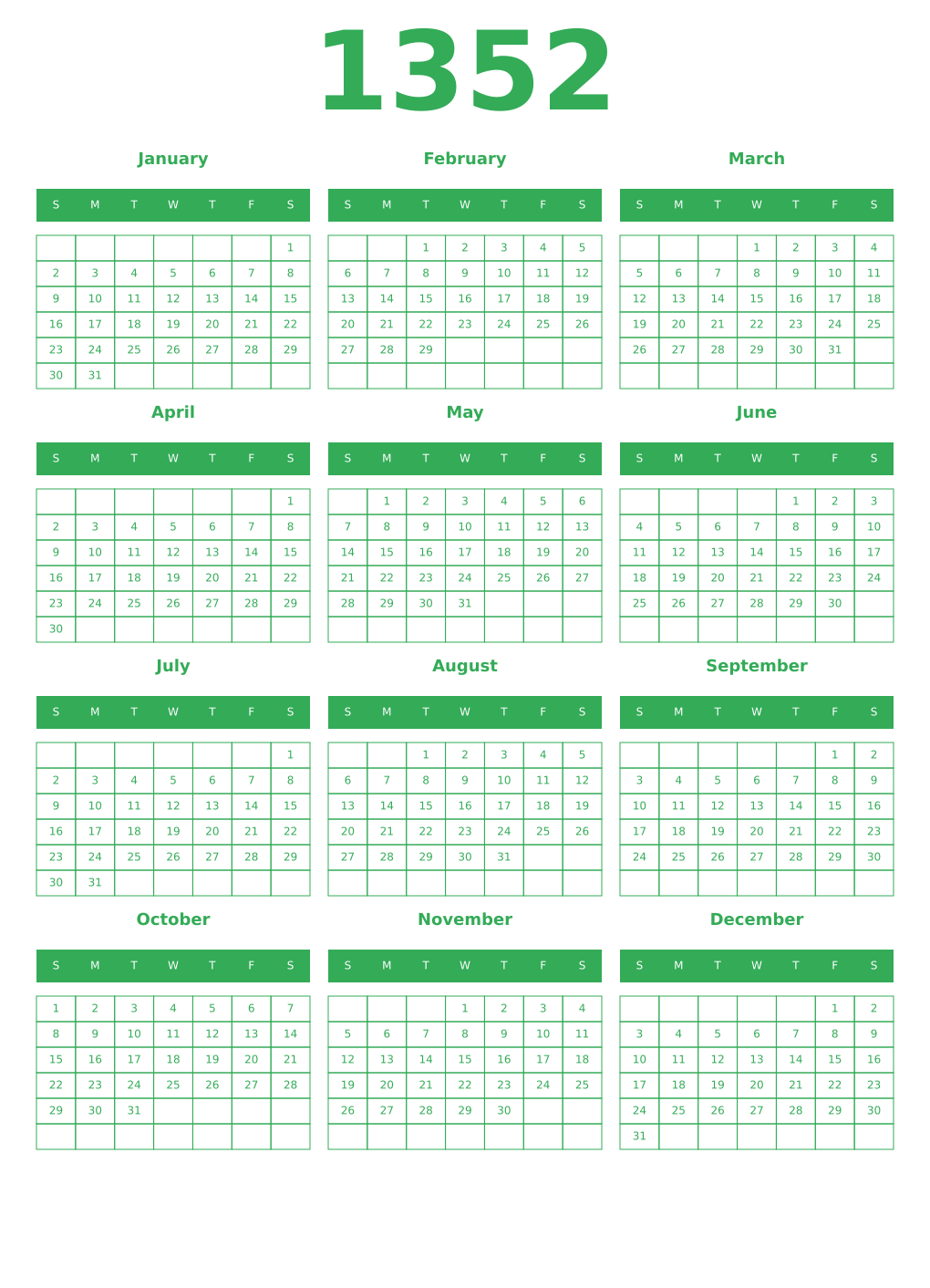 Printable 1352 Year Calendars green