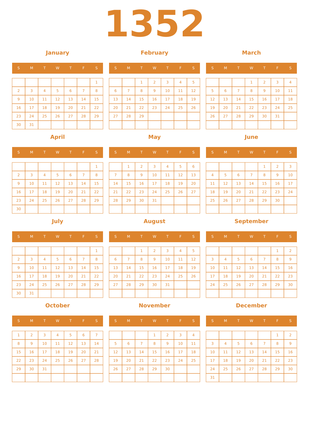 Printable 1352 Year Calendars orange