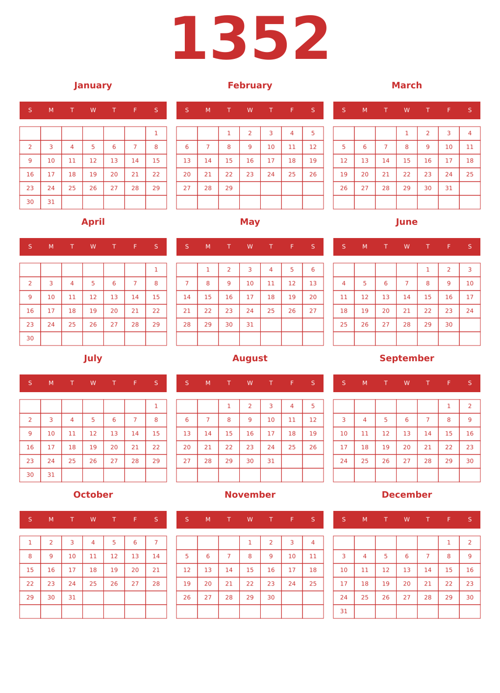 Printable 1352 Year Calendars red