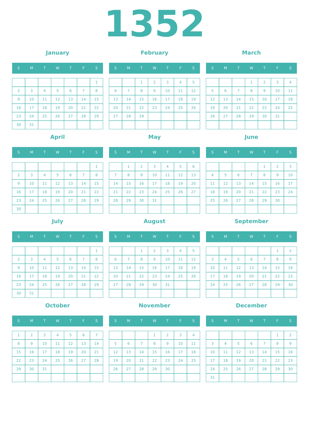 Printable 1352 Year Calendars verdigris