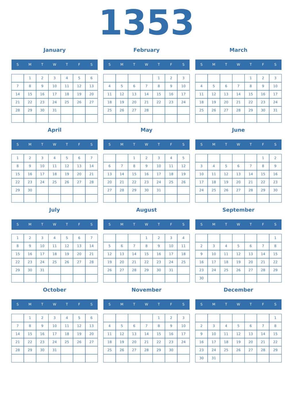 Printable 1353 Year Calendars blue
