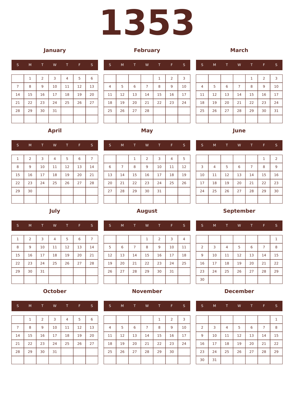Printable 1353 Year Calendars mortuum