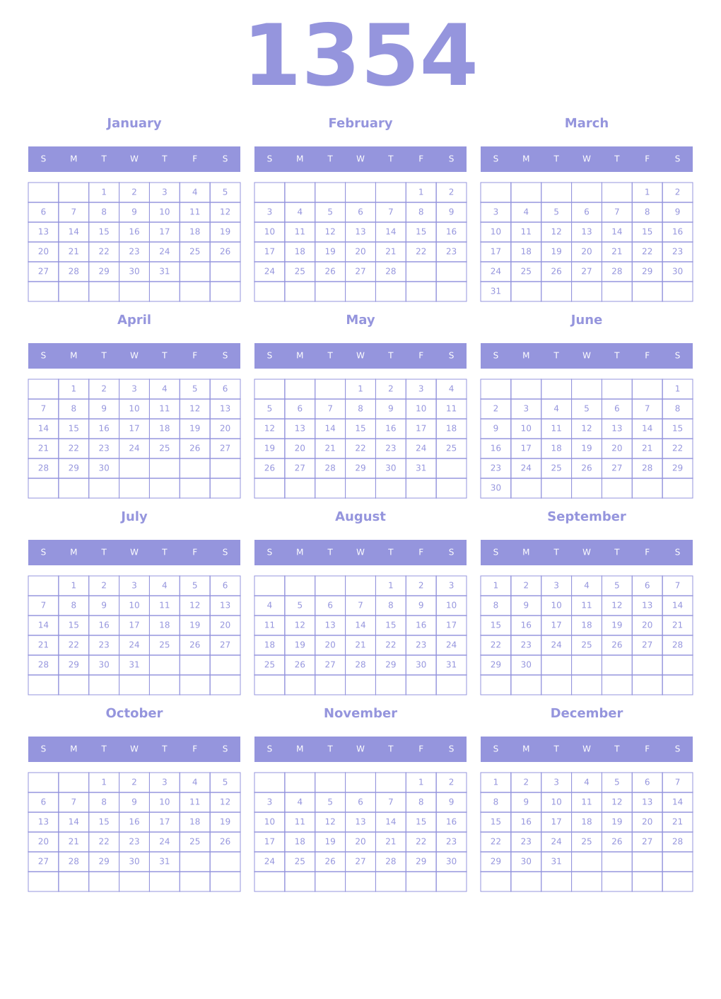 Printable 1354 Year Calendars periwinkle