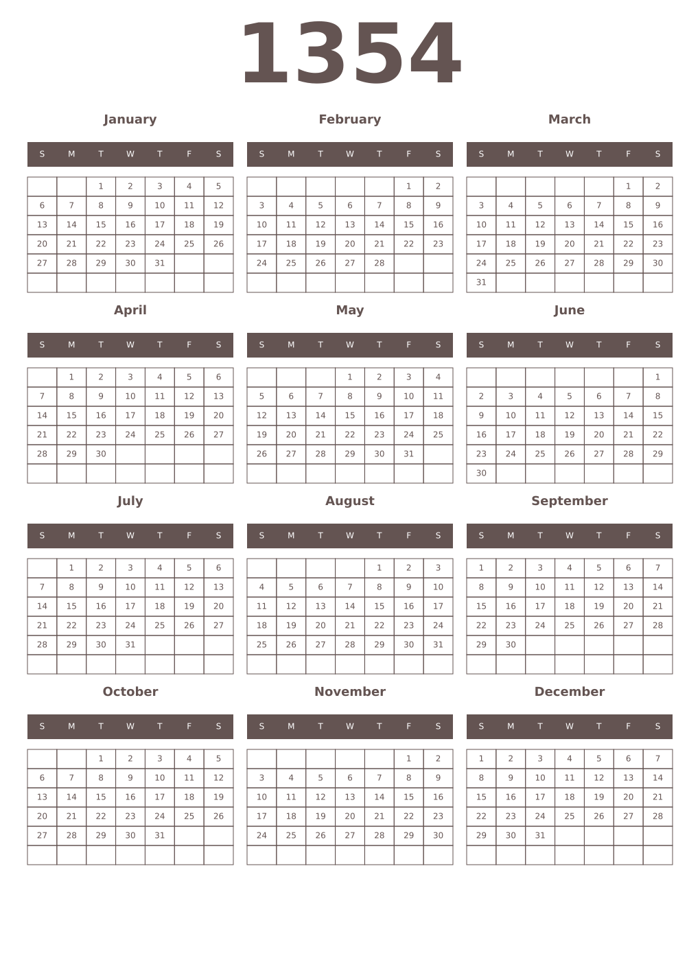 Printable 1354 Year Calendars wenge