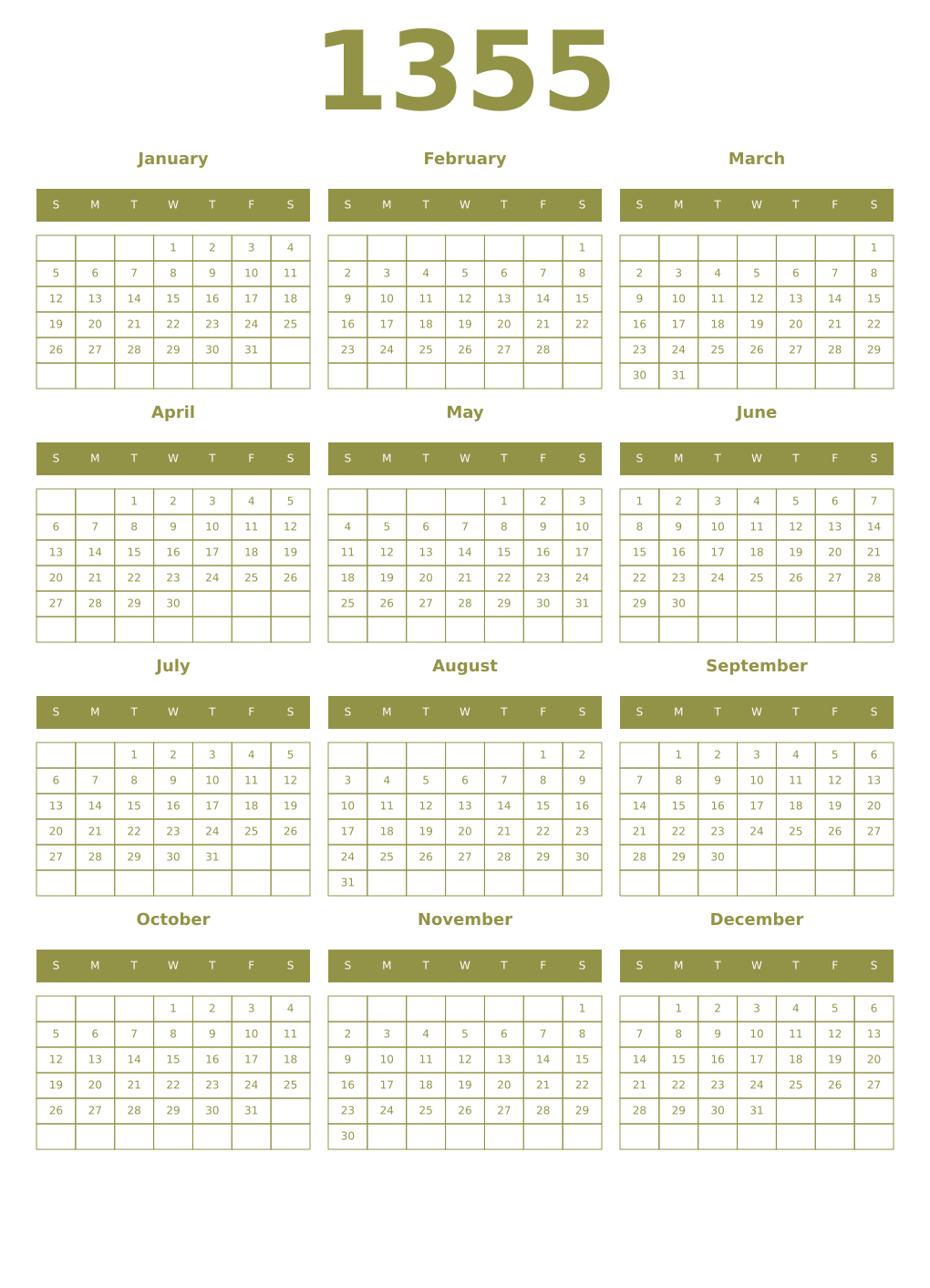 Printable 1355 Year Calendars eburnean