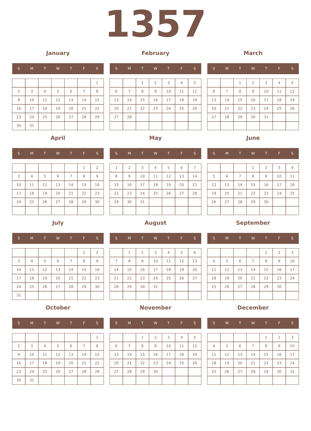 Printable 1357 Year Calendars coffe
