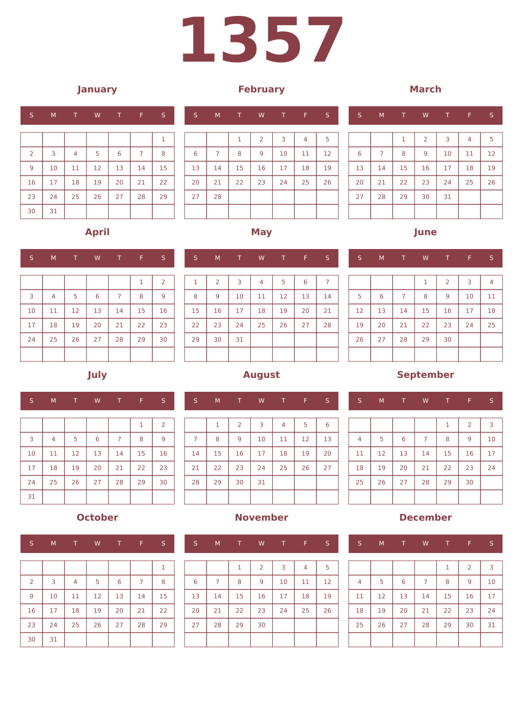 Printable 1357 Year Calendars cordovan
