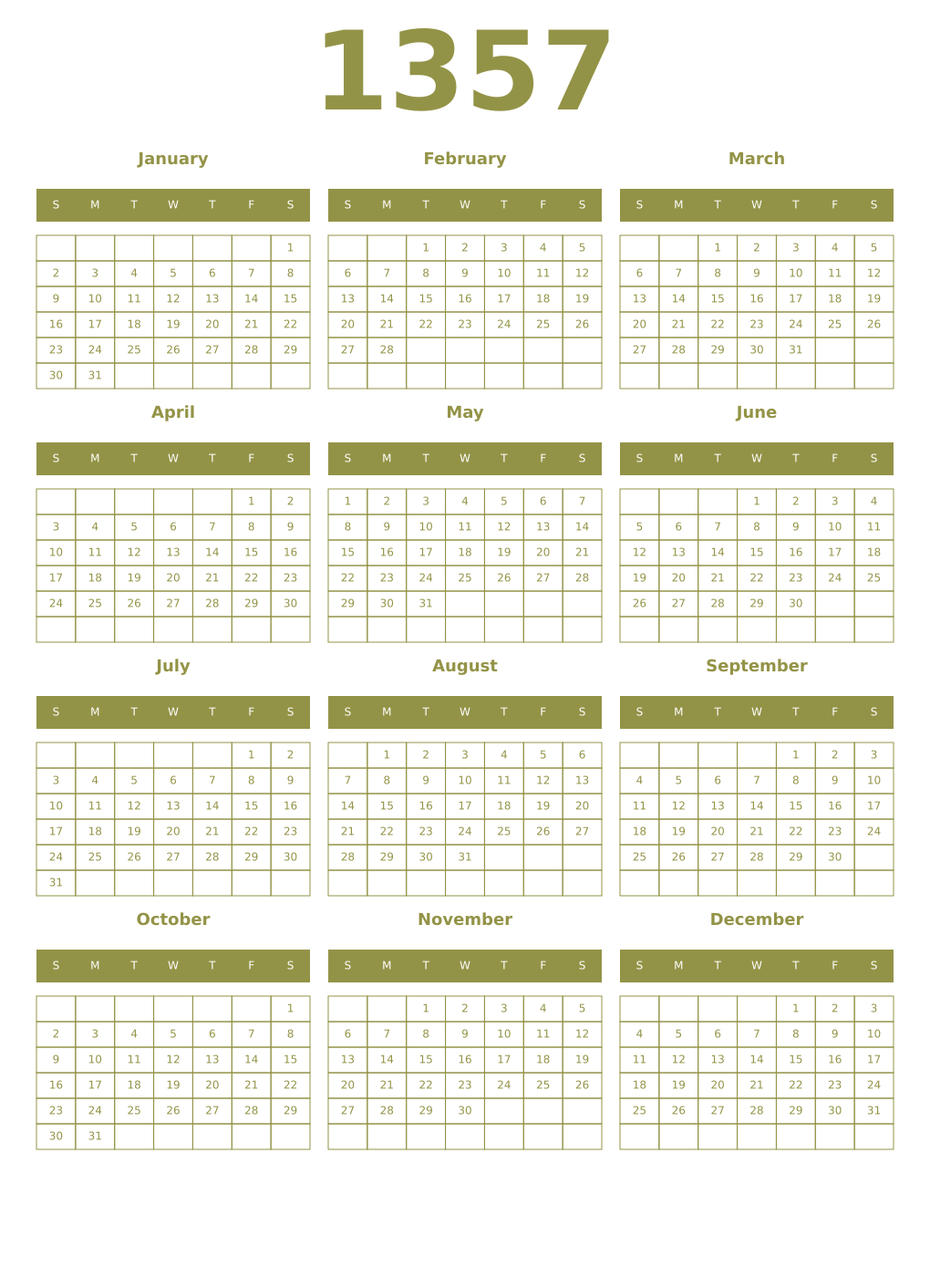 Printable 1357 Year Calendars eburnean