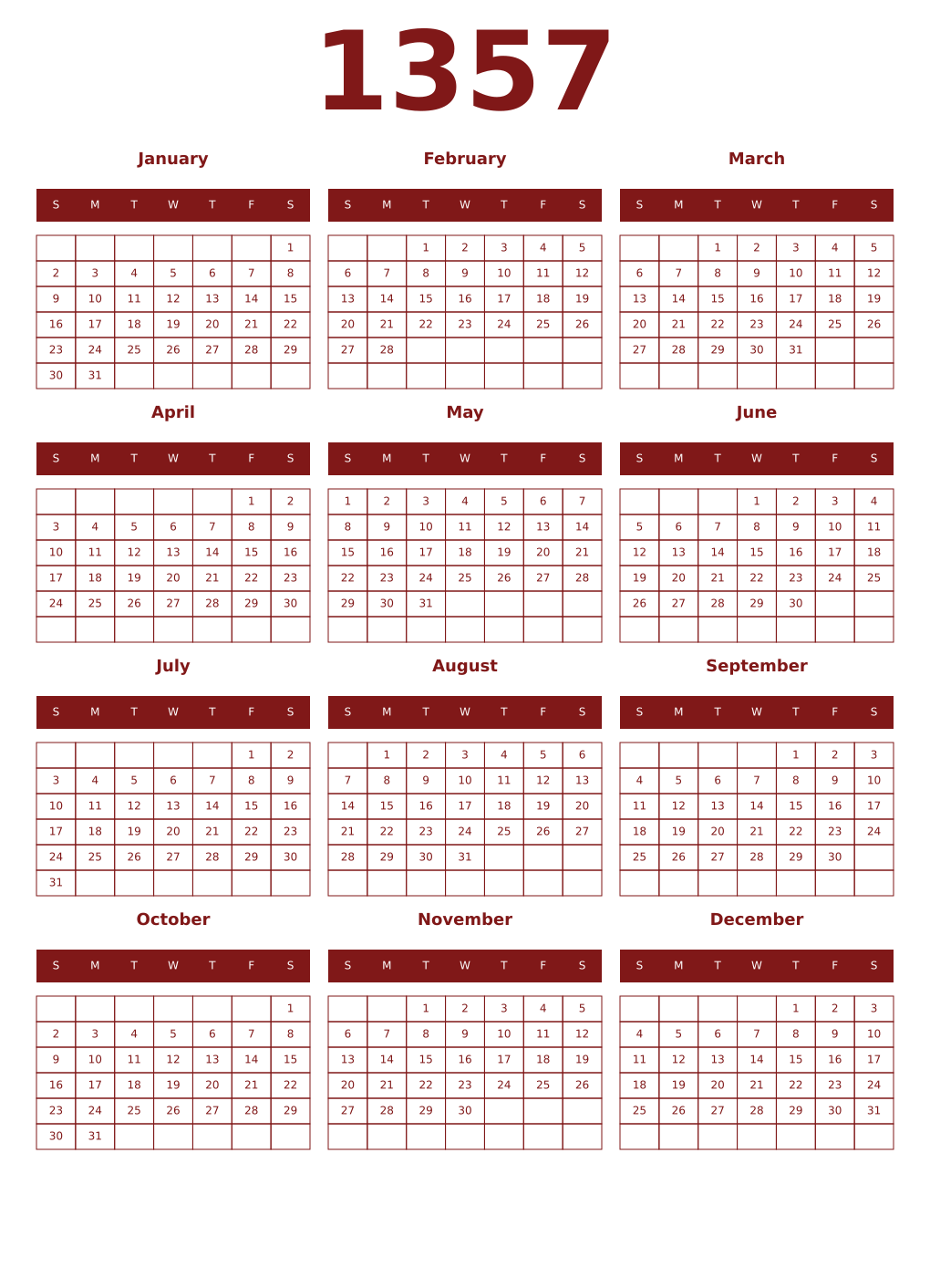 Printable 1357 Year Calendars falu