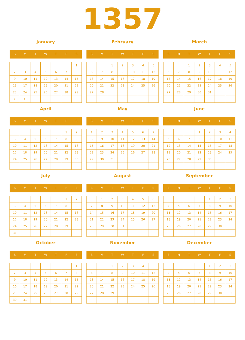 Printable 1357 Year Calendars gamboge