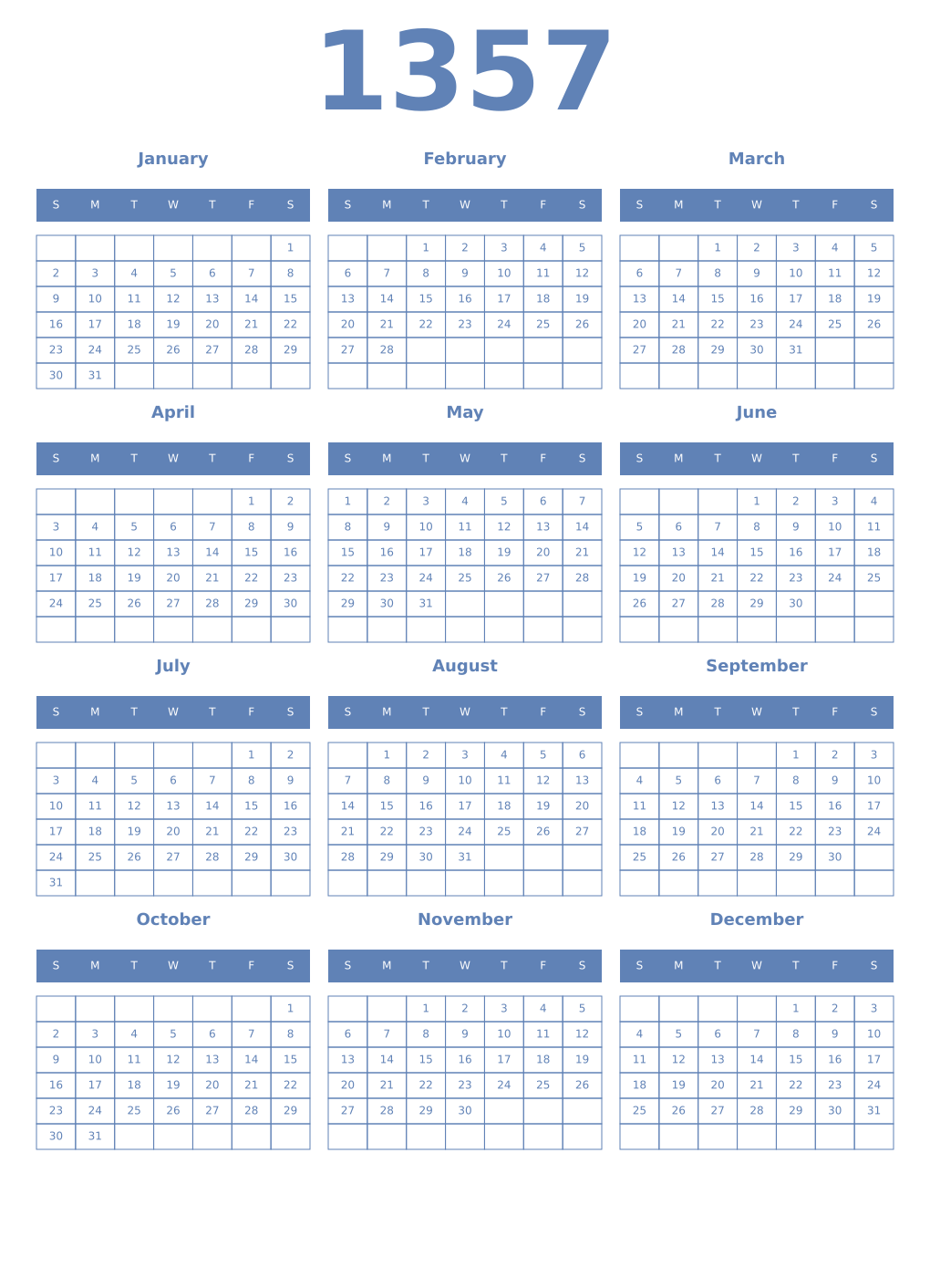 Printable 1357 Year Calendars glaucous