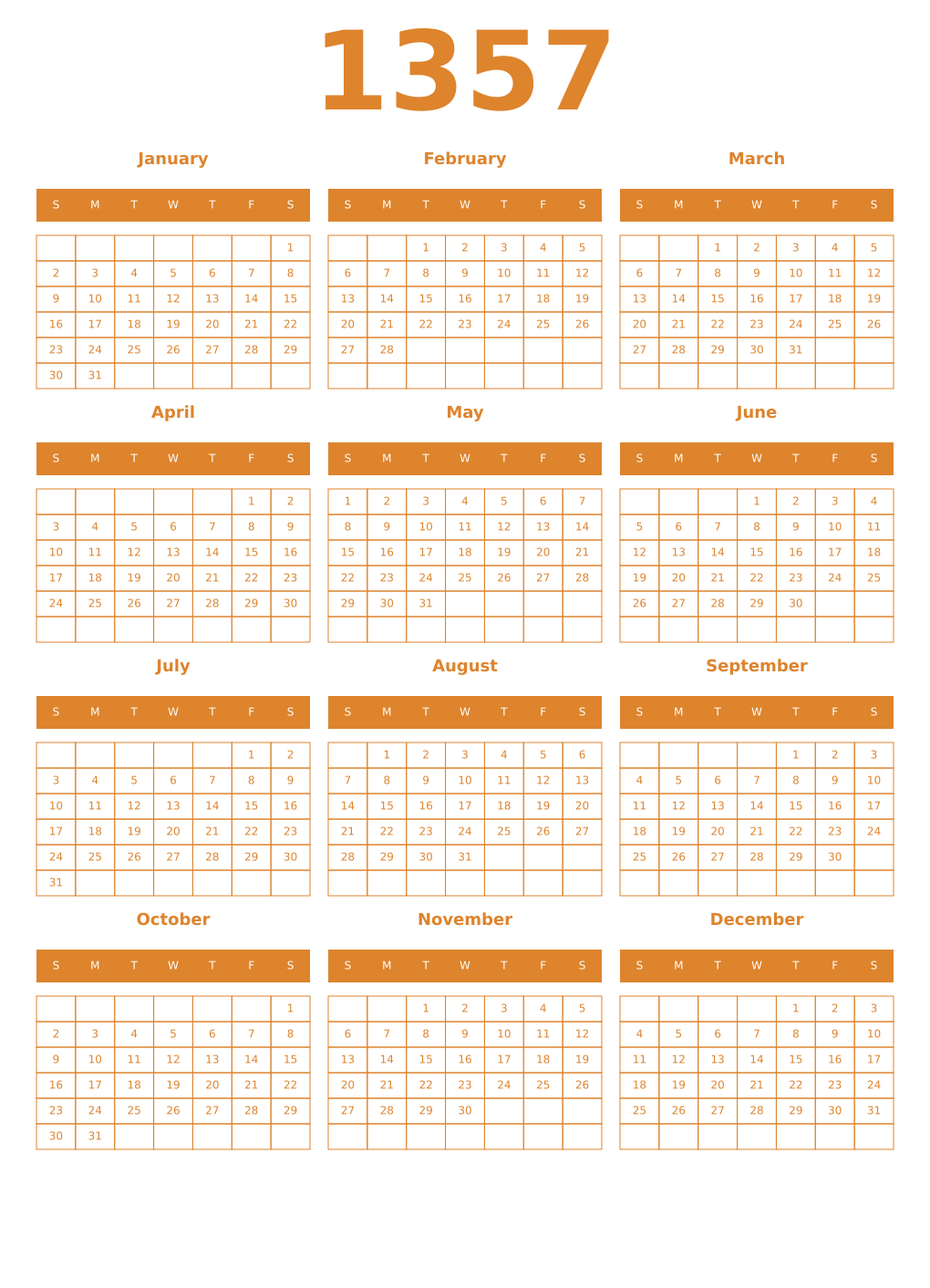Printable 1357 Year Calendars orange