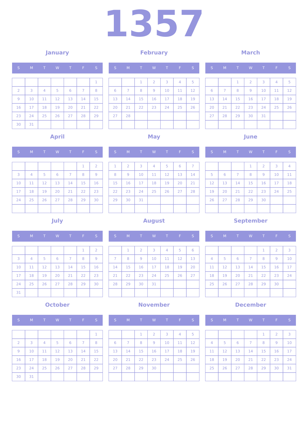 Printable 1357 Year Calendars periwinkle