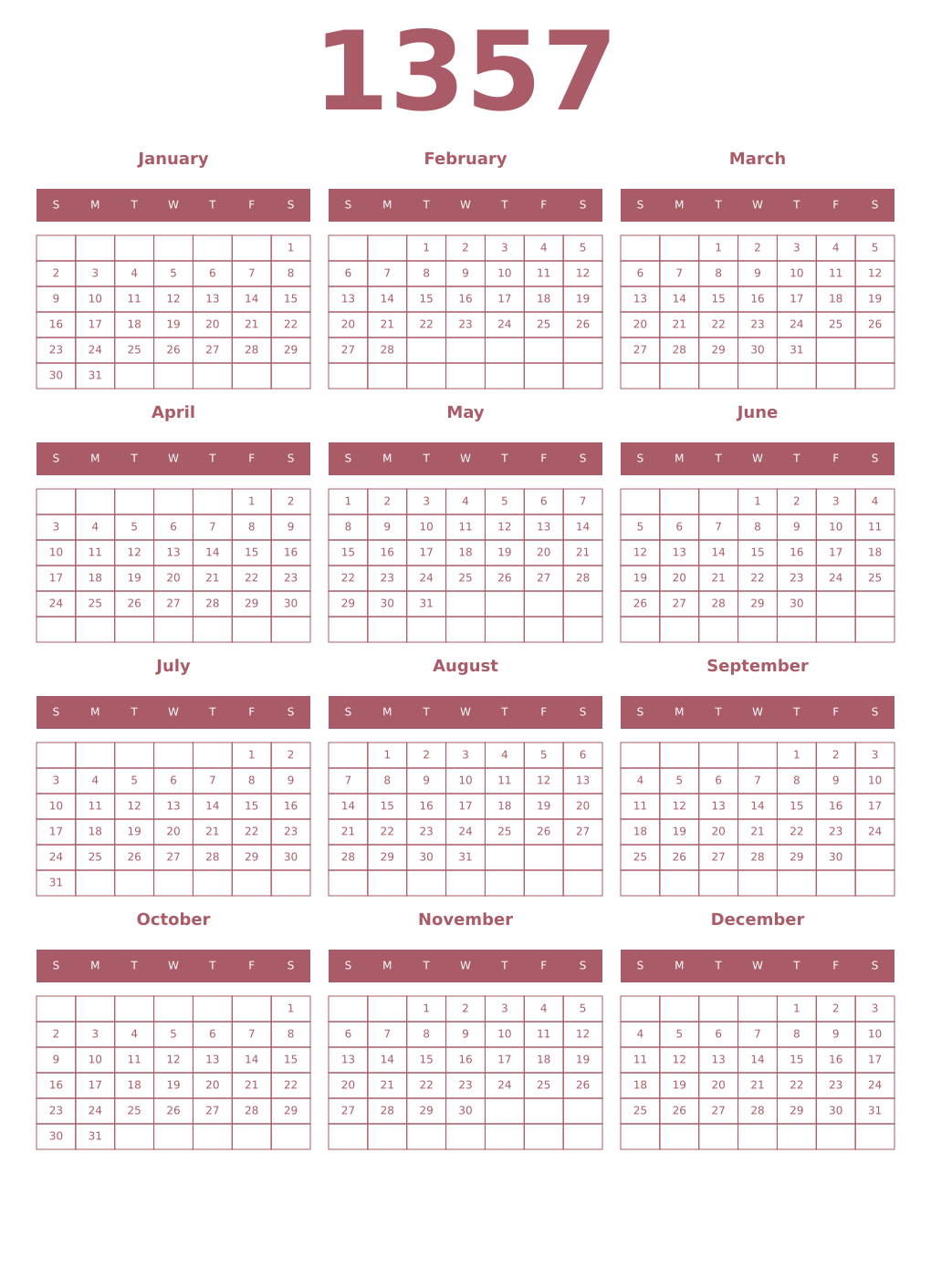 Printable 1357 Year Calendars puce
