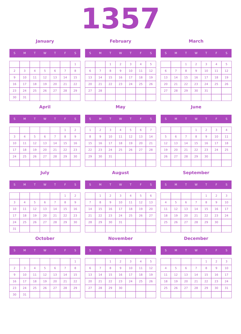 Printable 1357 Year Calendars purple