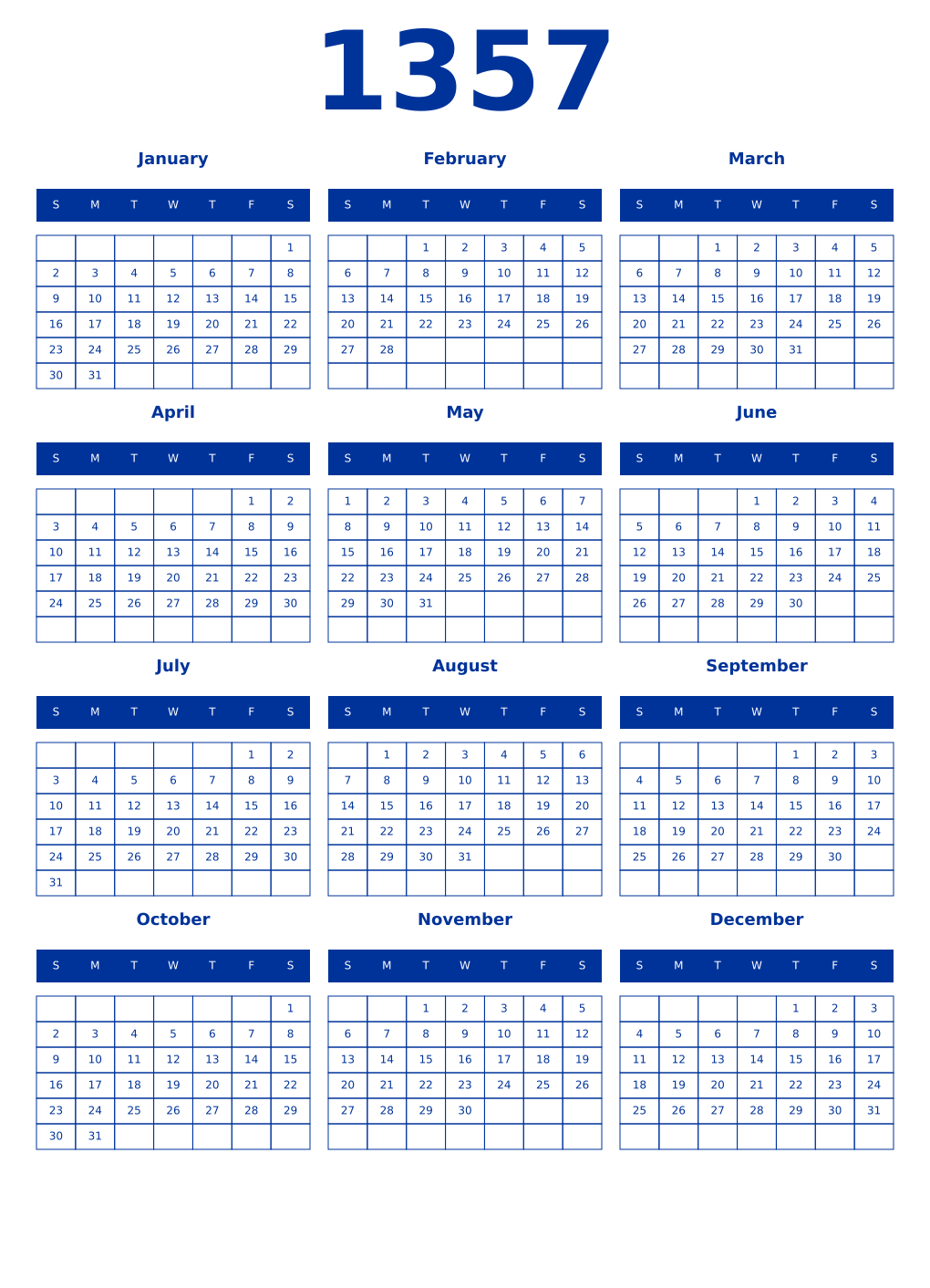 Printable 1357 Year Calendars smalt